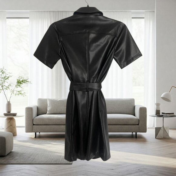 NWT Scoop Black Vegan Leather Mini Shirt Dress with Belt & Pockets – Size XS - Picture 3 of 13